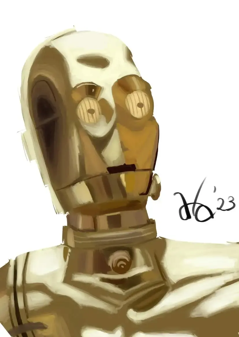 La imagen es una pintura digital de C-3PO, el icónico droide de protocolo dorado de Star Wars. La obra se centra en la parte superior del cuerpo y la cabeza, mostrando su superficie metálica de tono dorado con un aspecto ligeramente envejecido y texturizado. Sus ojos circulares expresivos y sus características angulares distintivas están enfatizados, capturando su apariencia característica. El fondo es completamente blanco, atrayendo toda la atención hacia el personaje. El estilo combina sombreado suave y trazos pictóricos, ofreciendo una interpretación moderna y artística del querido droide.