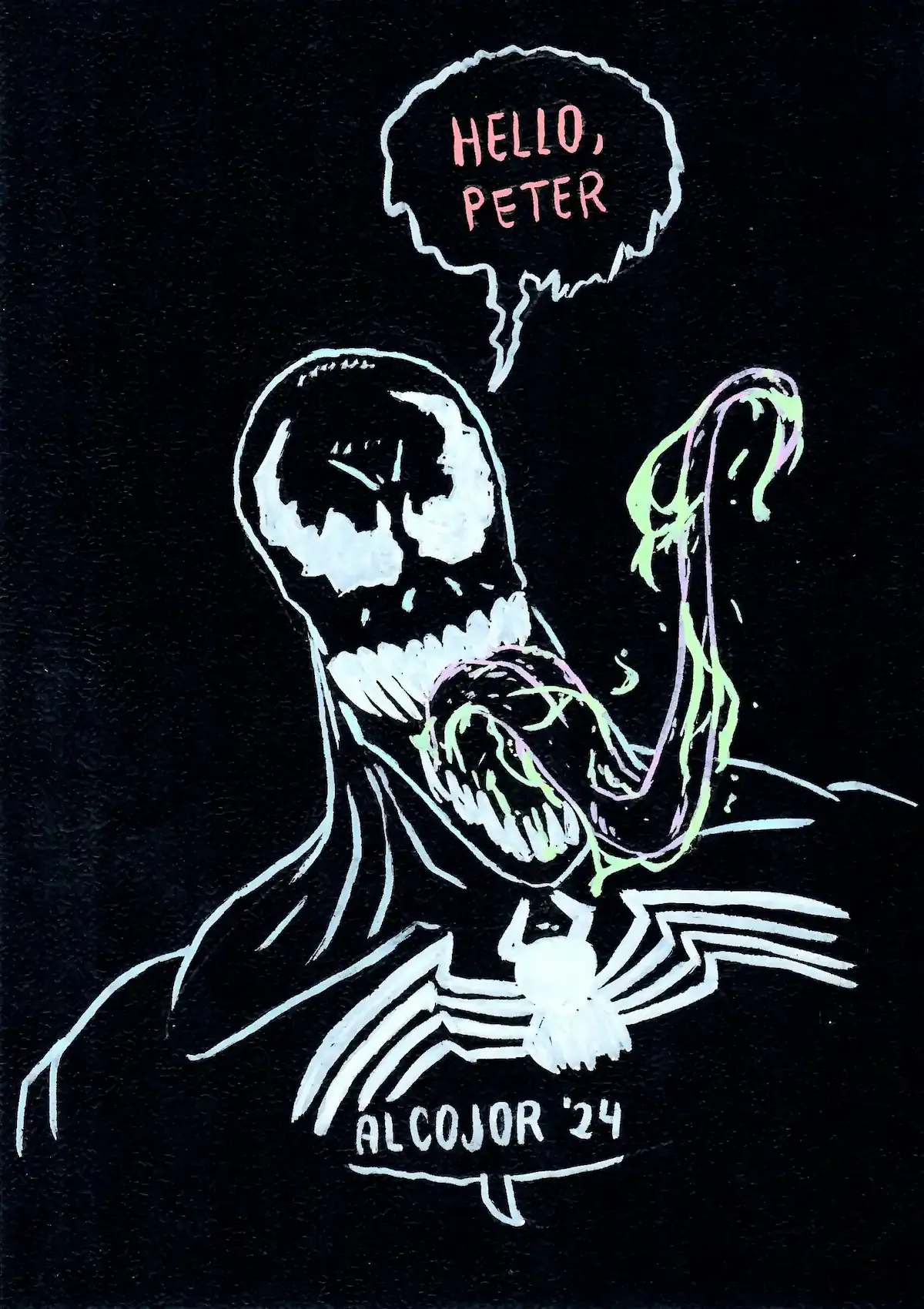 La imagen es una ilustración oscura y dramática de Venom, el icónico personaje de Marvel. El rostro amenazante de Venom se destaca con su amplia sonrisa llena de dientes y sus grandes ojos blancos que resaltan sobre su cuerpo negro. Su lengua larga y retorcida, con acentos luminosos en verde y rosa, se extiende hacia afuera, añadiendo un toque grotesco y escalofriante. Sobre él, un globo de diálogo dice "HELLO, PETER" en letras rojas y audaces, haciendo referencia a su diálogo en Spider-Man. El emblema blanco característico de la araña de Venom está destacado en su pecho. El fondo es completamente negro, enfatizando la presencia siniestra del personaje.