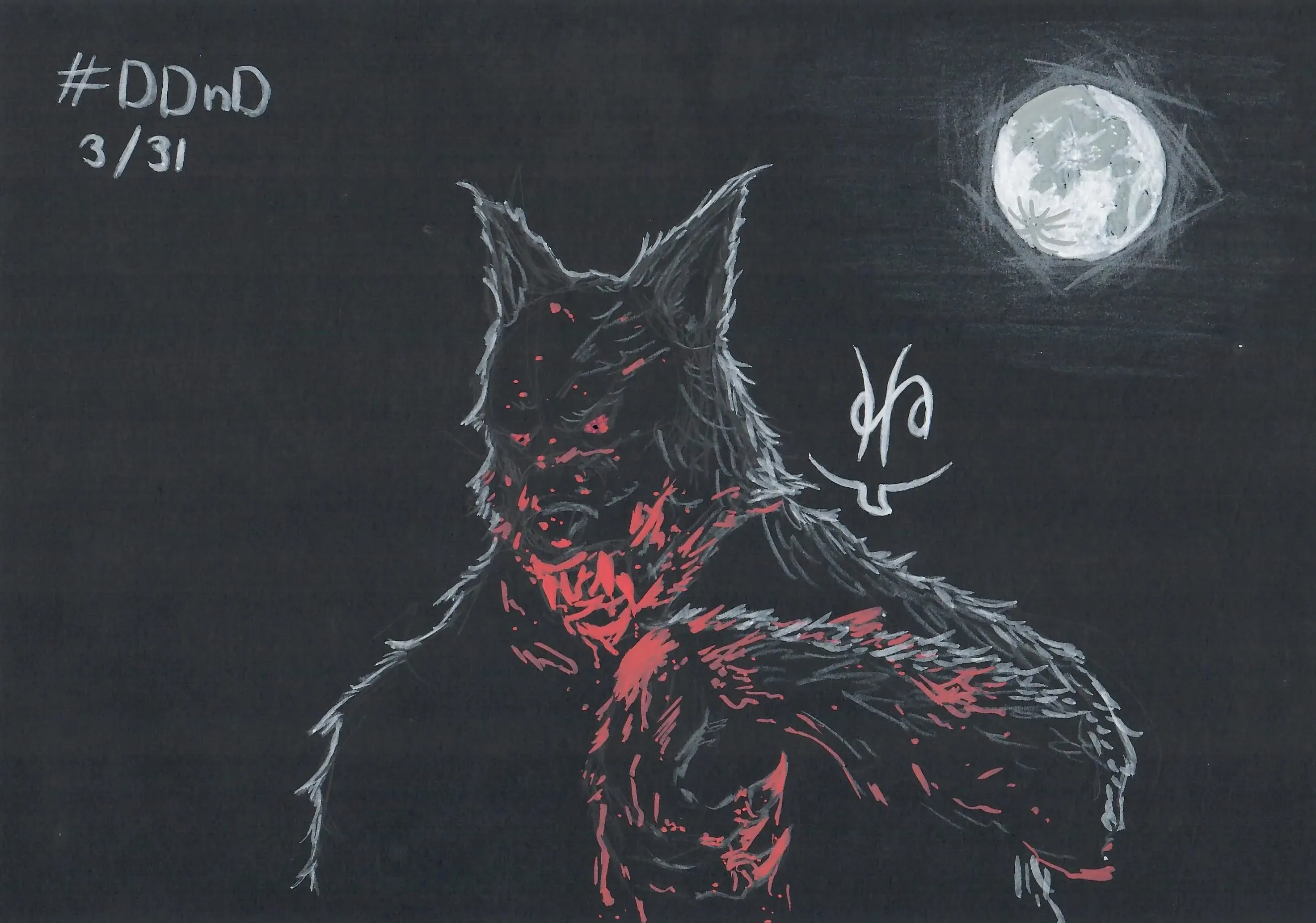 Un hombre lobo justo después de haber matado algo. ¿O alguien? La cara y la garra derecha están cubiertas de sangre y tiene unos ojos terroríficos. De fondo se ve la luna llena rodeada de una neblina.