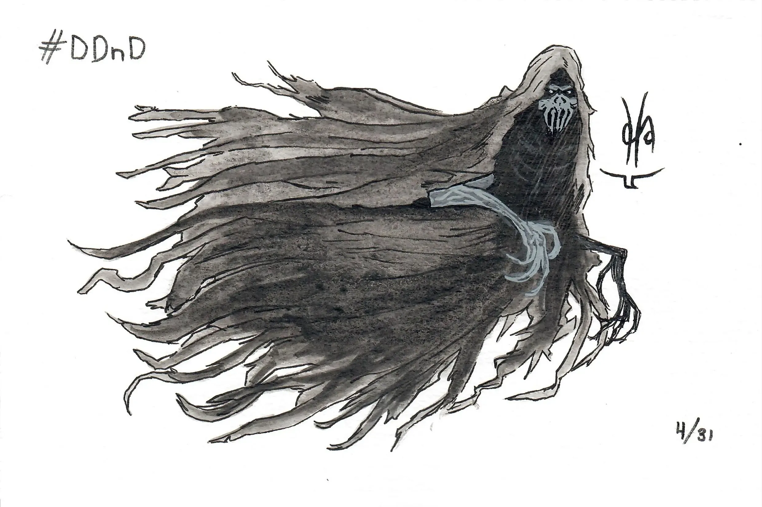 Un espectro. Básicamente, una calavera terrorífica bajo una capa con capucha desgastada y rota. De debajo de la capa salen un par de brazos esqueléticos con garras.